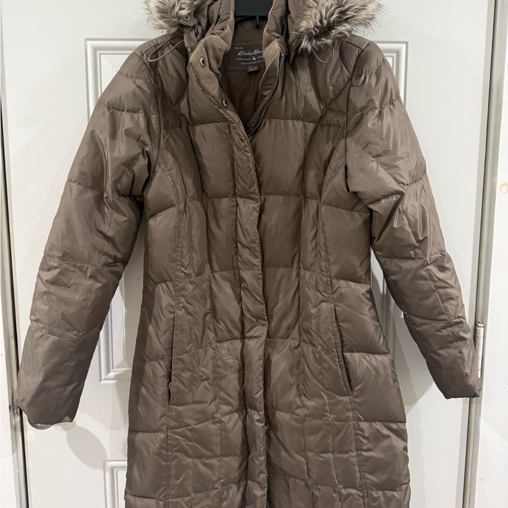 Eddie Bauer Women's Medium Brown Puffer Coat with Faux Fur Hood